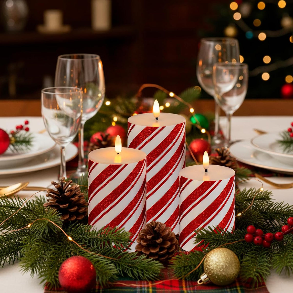 Red Stripe Glitter LED Pillar Candles, Battery Operated Real Wax Flameless Candles for Christmas Holiday Home Party Decor, Set of 3 (D3 x H4 5" 6")
