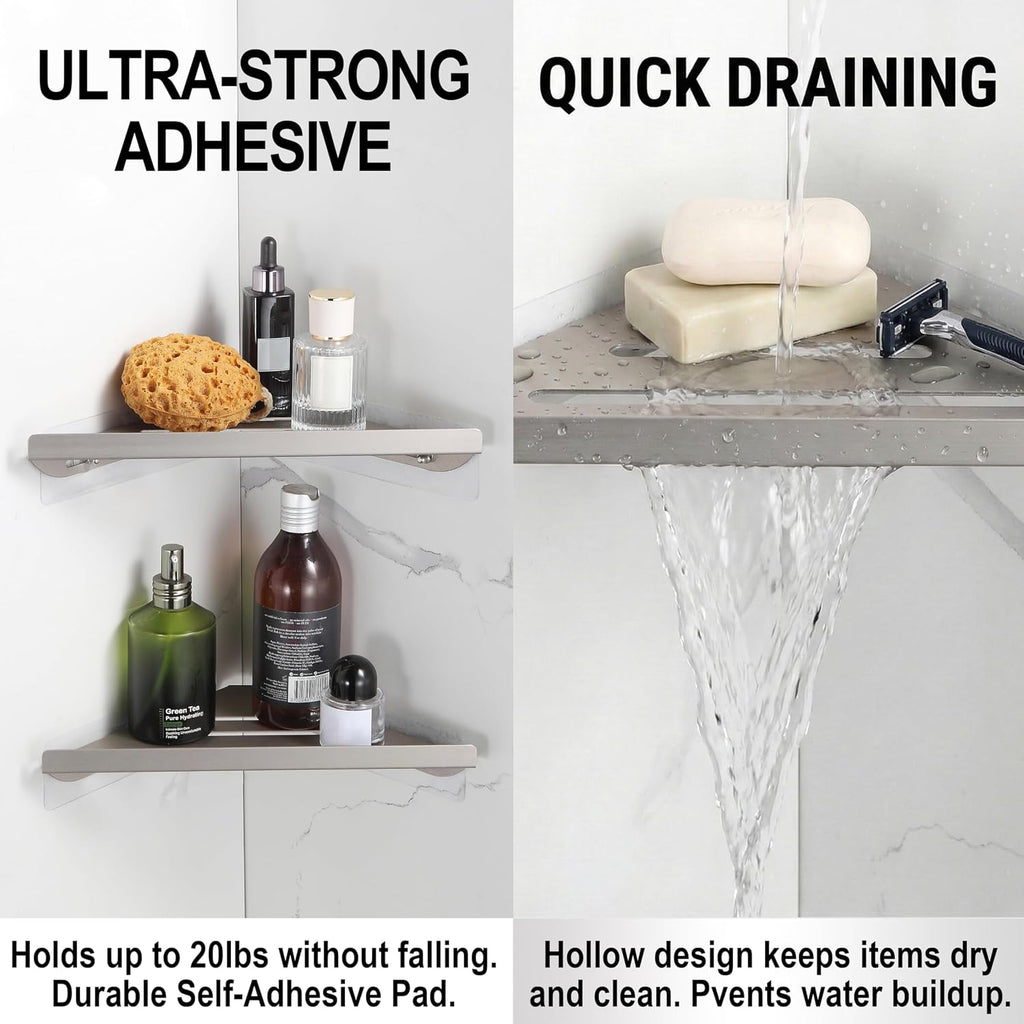BVL Corner Shower Shelf, 8 Inch Brushed Nickel 2-PACK Bathroom Corner Organizer, 3M Adhesive Wall Mounted Shower Caddy, Waterproof Rustproof Metal Storage Rack for Shampoo Soap