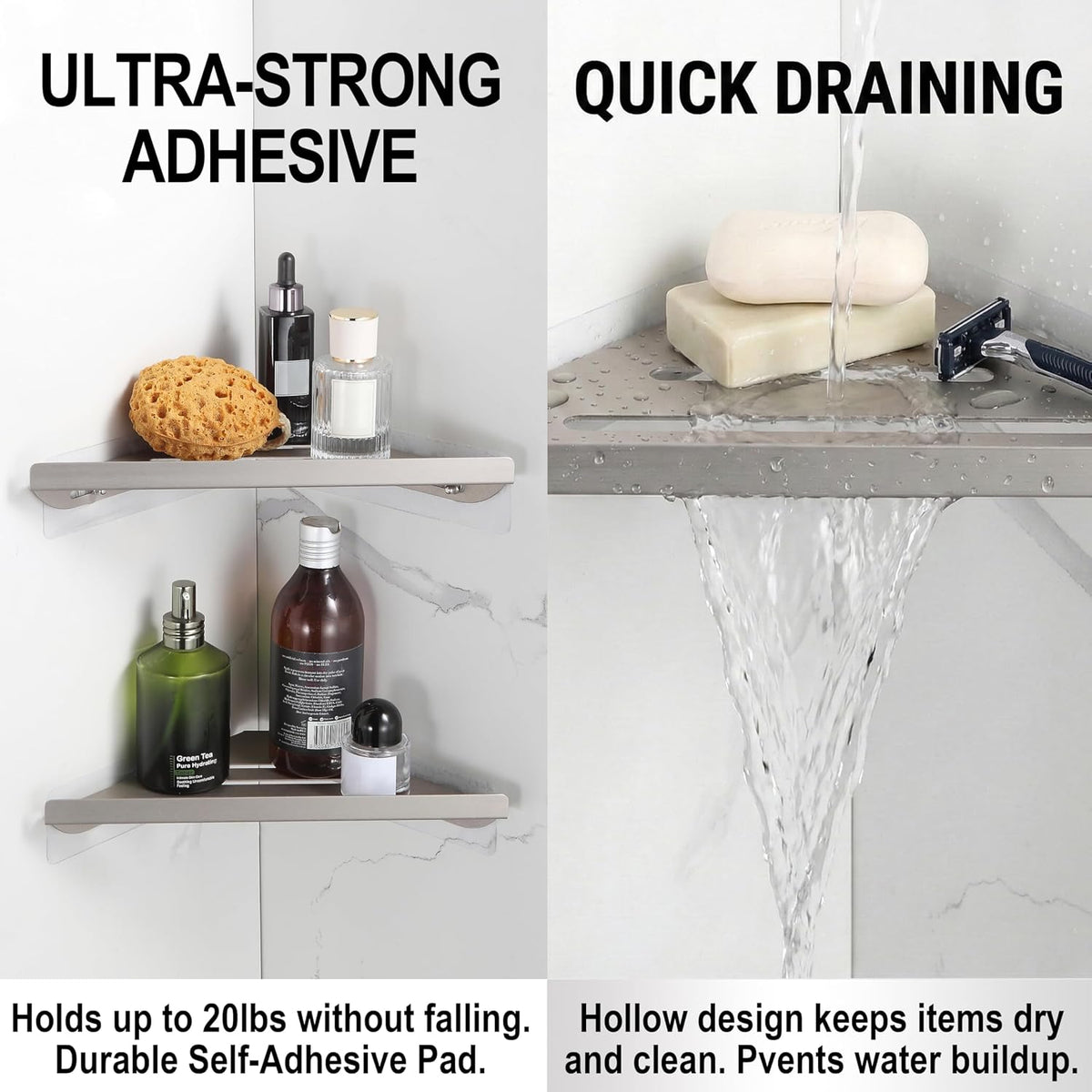 BVL Corner Shower Shelf, 8 Inch Brushed Nickel 2-PACK Bathroom Corner Organizer, 3M Adhesive Wall Mounted Shower Caddy, Waterproof Rustproof Metal Storage Rack for Shampoo Soap