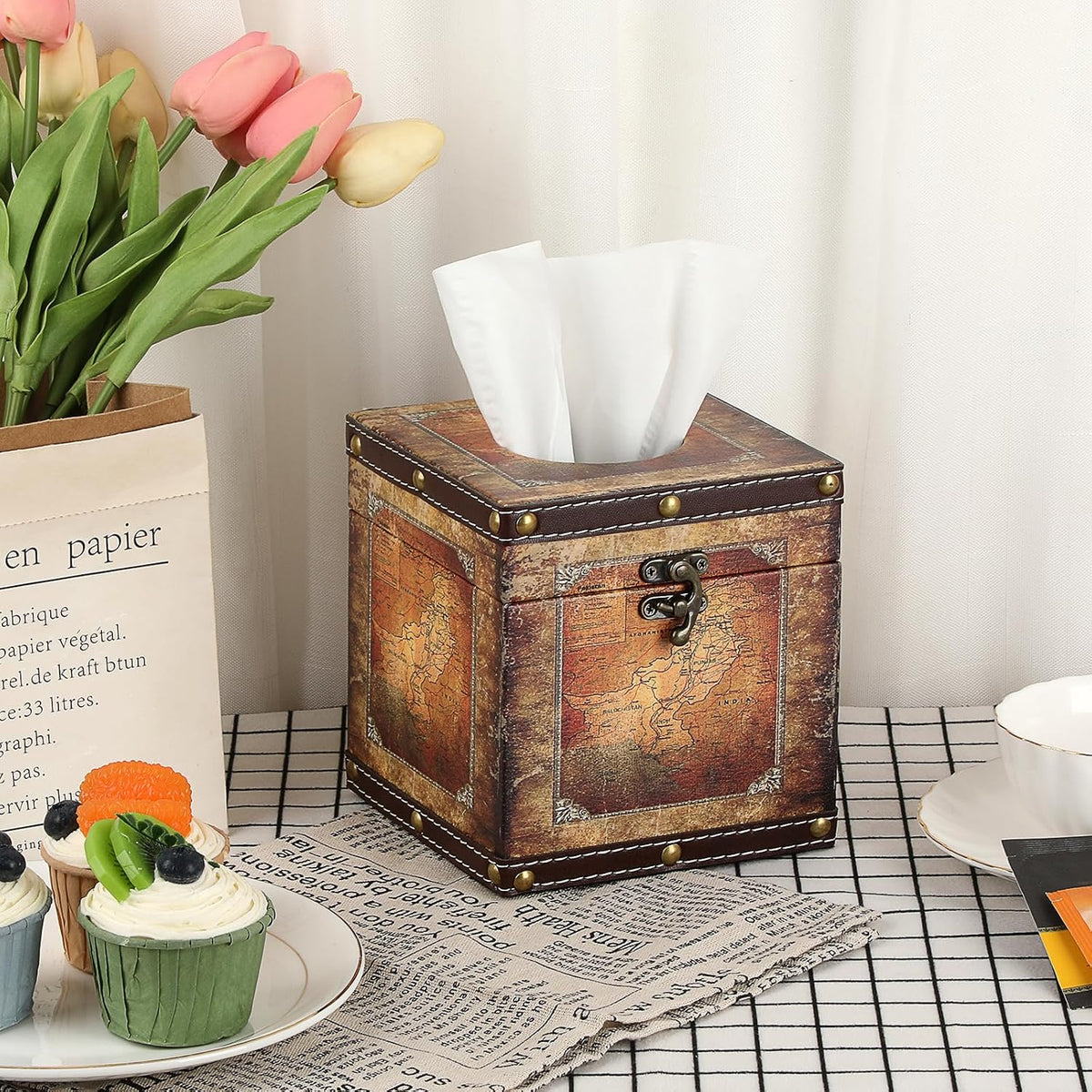 Kokone Rustic Wooden Aesthetic Tissue Box Cover with PU Leather Surface