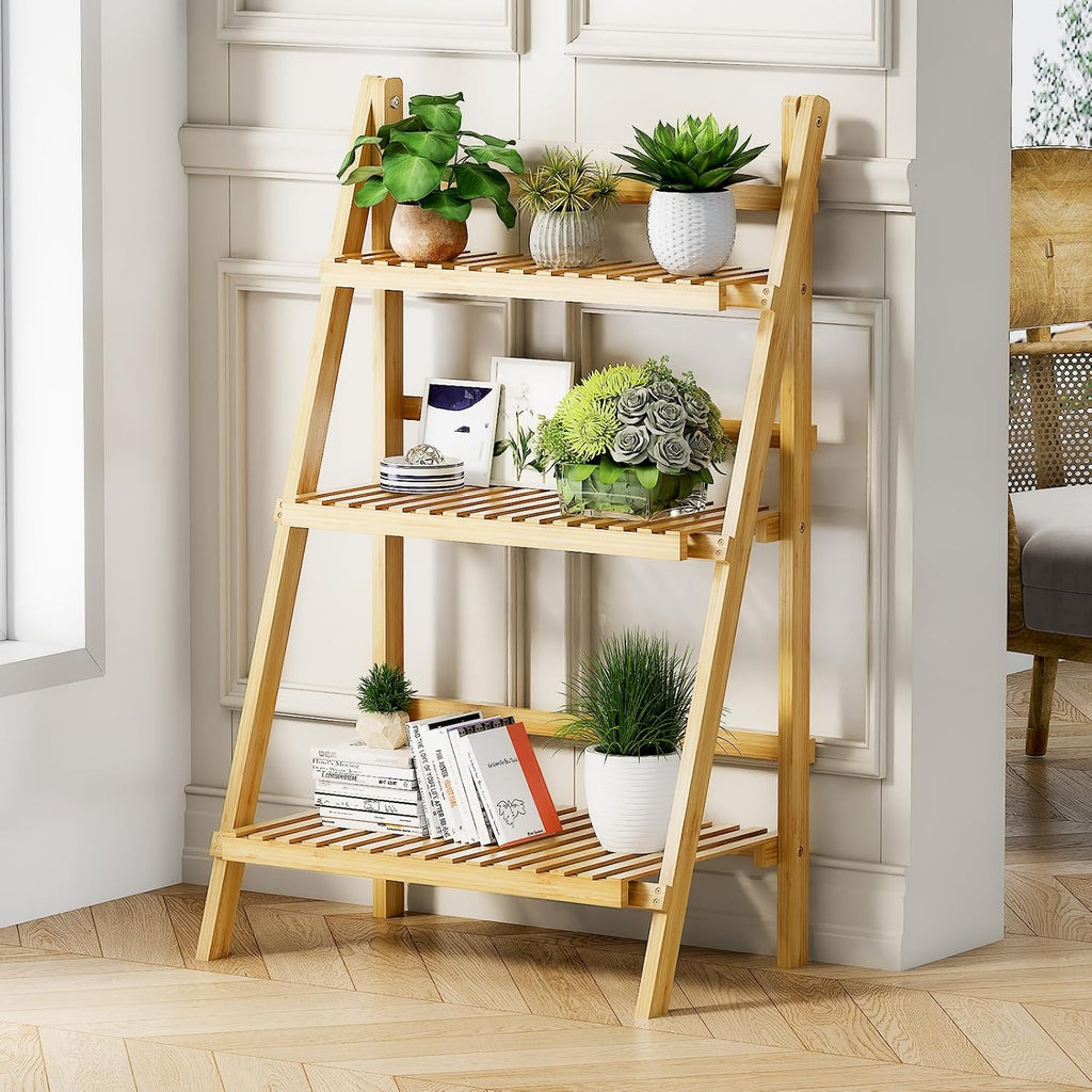 Foldable Ladder Shelf 39.4", Plant Shelf 3 Tier, Bamboo Ladder Bookshelf