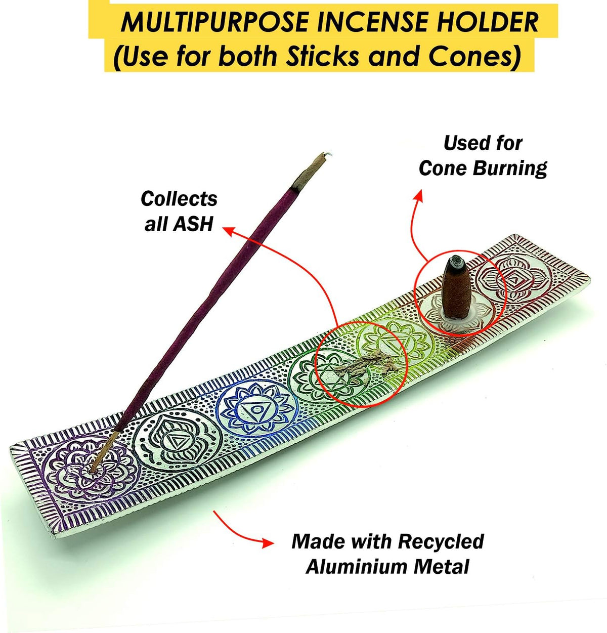 Metal Incense Holder for Sticks and Cone - 7 Chakras, 10 Inch Incense Tray