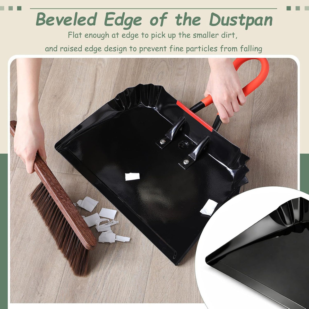2 Metal Dustpans with Hand Brush, 17 Inch Heavy Duty Cleaning Set, Black