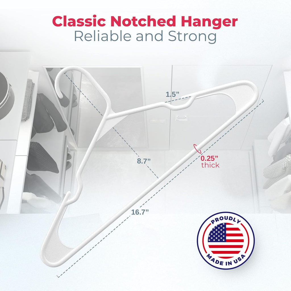Plastic Hangers 30 Pack – Made in The USA – 6lb Capacity Standard Clothes Hangers with Notches and Reinforced Edges for Dresses, Lingerie, Shirts, Pants, and Jackets – White & Gray