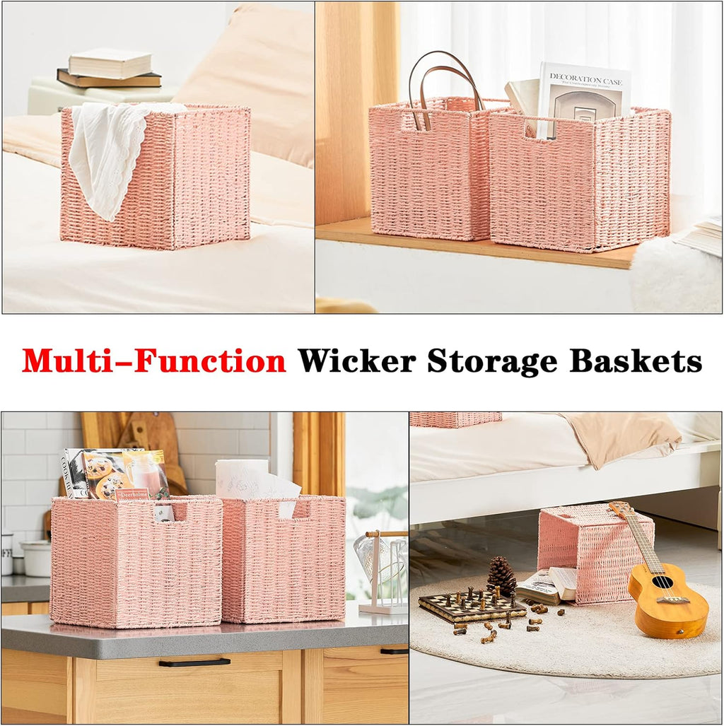 Vagusicc Wicker Storage Basket, Set of 2 Hand-Woven Paper Rope Storage Baskets for Organizing, Pink Cube Storage Bins, 11inch Large Wicker Storage Baskets for Shelves Gifts Pantry Organizing Decor