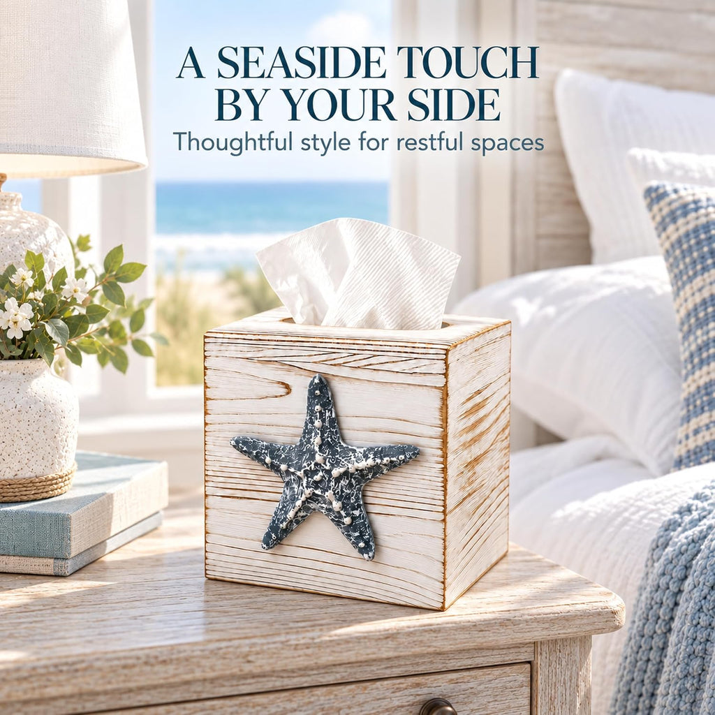 Coastal Tissue Box Cover Wooden Retro with Sliding Bottom Panel Beach Decor for Bathroom Bedroom Living Room,Starfish Decor Suitable for Coastal Gifts Beach House Gifts