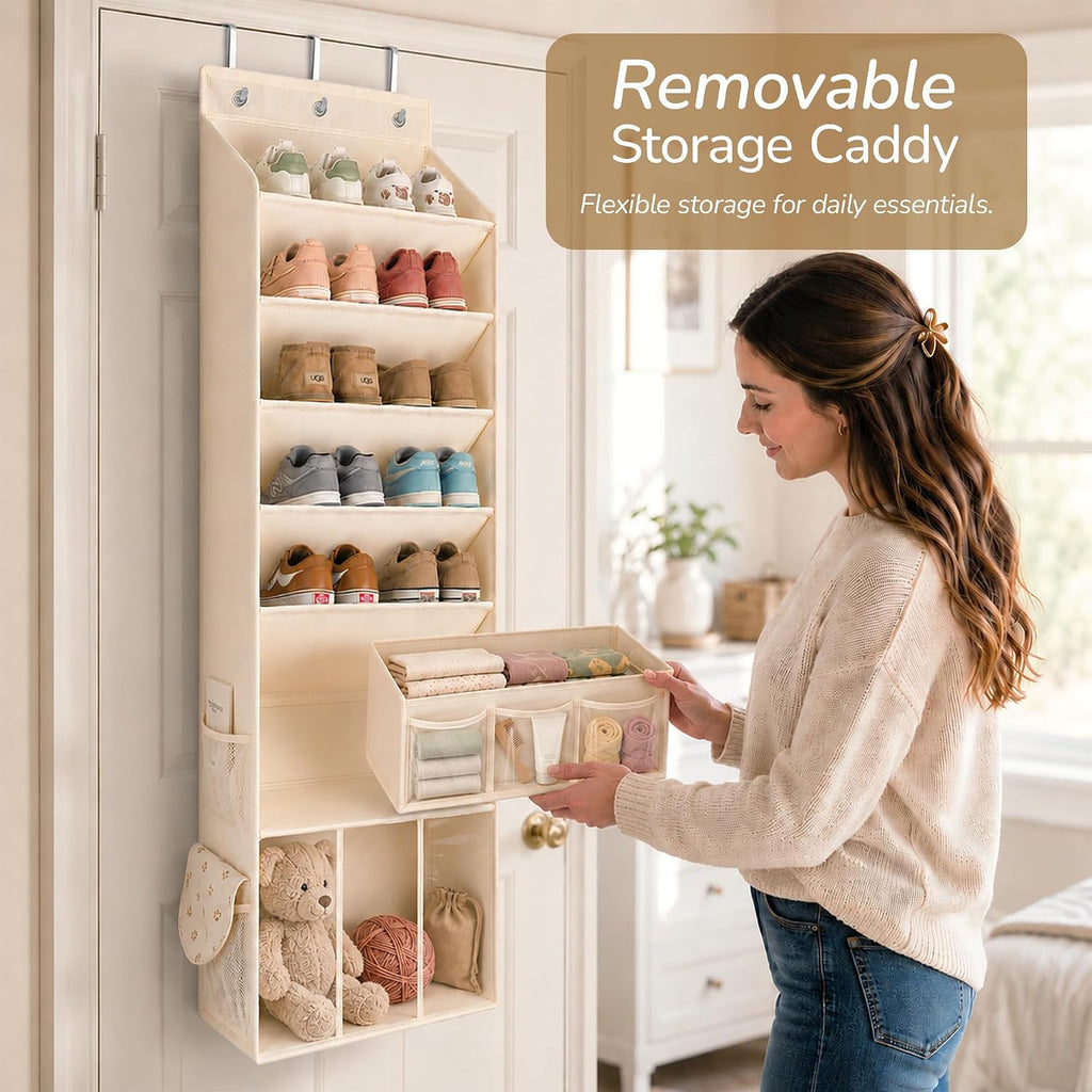 3in1 Over The Door Shoe Organizer with 5 Slanted Compartments,Removable Storage Bin & Transparent Pockets,Thickened Waterproof Oxford Fabric Shoes Rack for Shoes,Boots,Toys,Daily Essentials. (Beige)