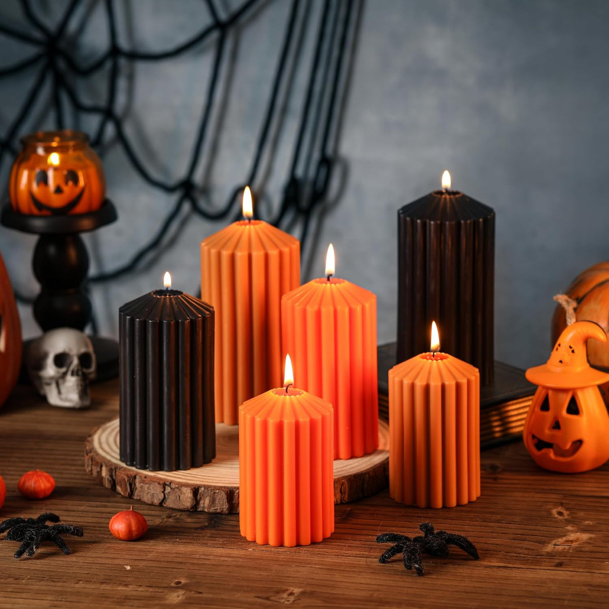 Black Ribbed Pillar Candles Set of 3, Halloween Candles Decor Unscented
