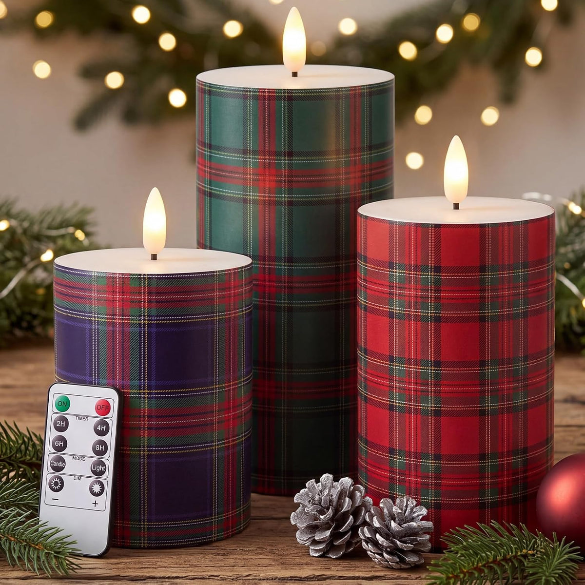 Retisee 3 Pcs Christmas Flameless Candles Real Wax Plaid LED Candles 4/5/6"