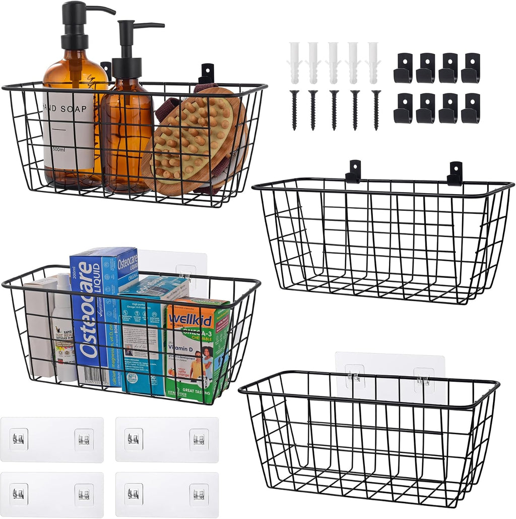 Wire Hanging Wall Basket, 4 Black Metal Baskets, Adhesive Cabinet Organizer