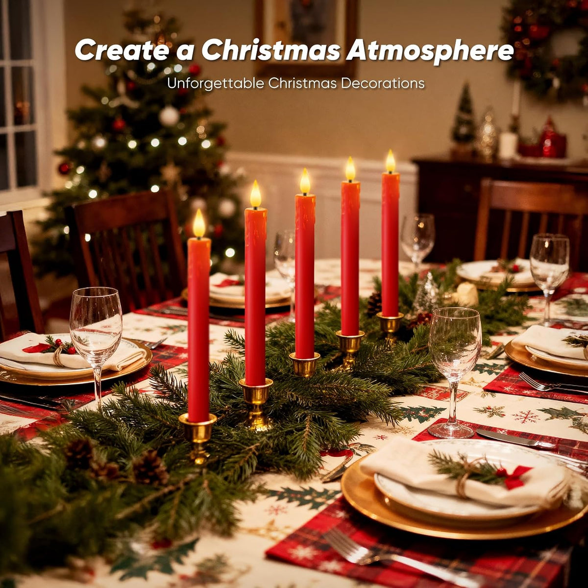 Homemory 6 Pcs Real Wax Made Flameless Taper Candles with Remote and Timer, Red Battery Operated Candlesticks Flickering, 9.6" Led Taper Candles with Lifelike Flame for Xmas Home Date Decor