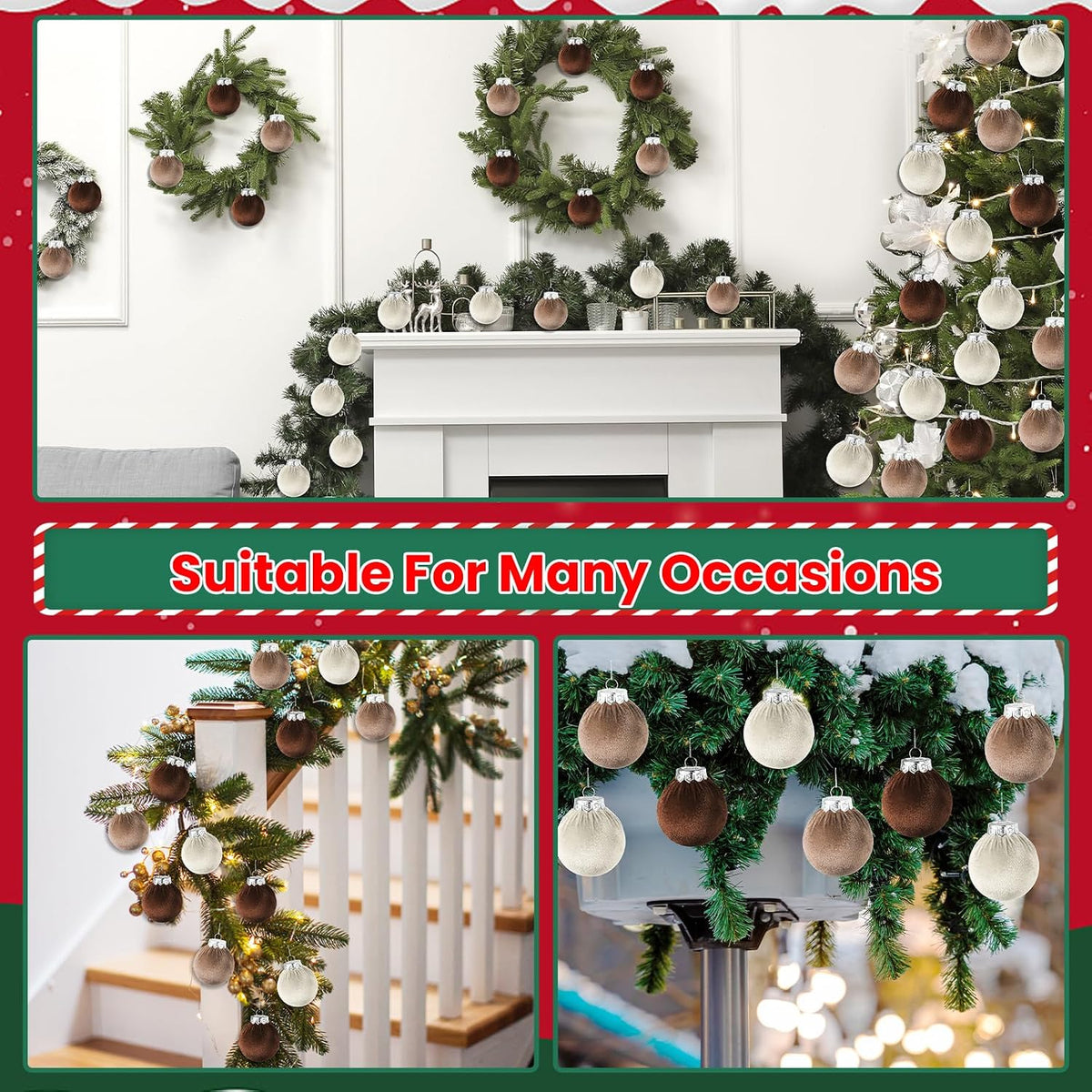 Velvet Christmas Balls Set 30pcs Velvet Christmas Tree Ornaments Shatterproof Xmas Hanging Balls Decorative Hanging for Xmas Holiday Family Home Store Indoor Decor,2.4inch,Neutral,Champagne,Brown