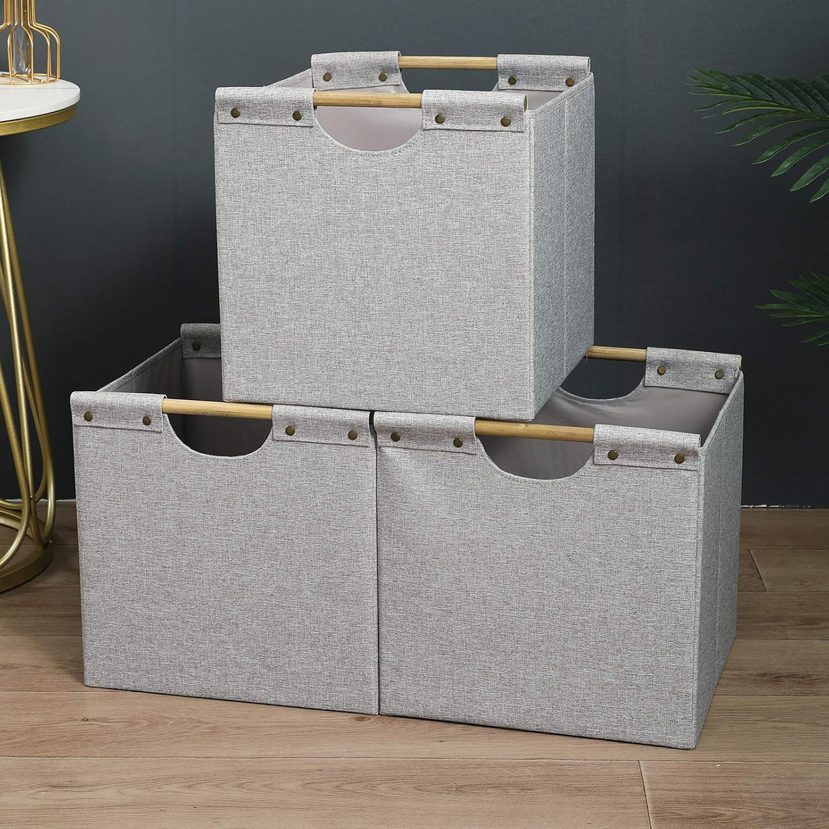 HOONEX Collapsible Storage Bins, 12x12x12in Storage Cubes Linen Fabric, 3 Pack, Storage Baskets with Wooden Carry Handles and Sturdy Heavy Cardboard, for Home, Office, Car, Nursery, Light Grey