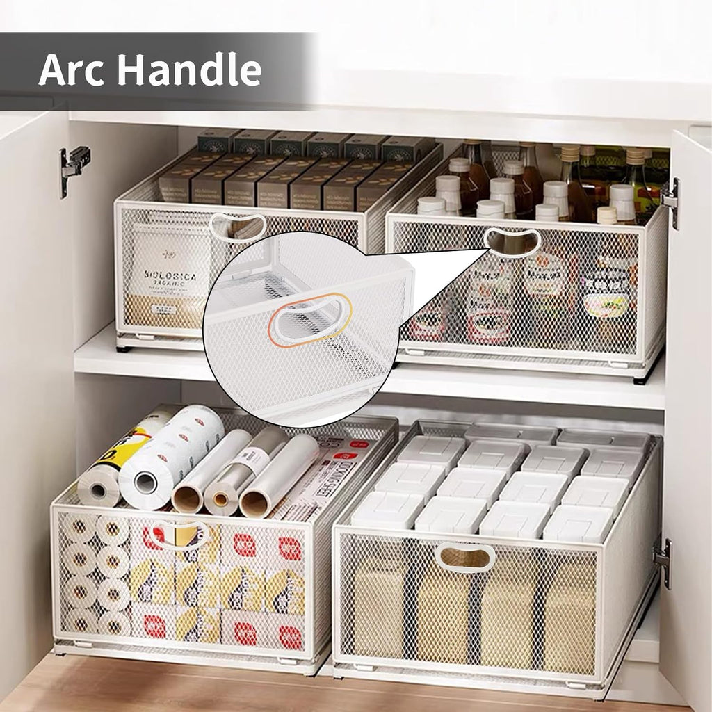 Sliding Cabinet Basket Organizer Drawer Self Adhesive Slide out Pantry Shelves Heavy Duty Carbon Steel Slide Cabinet Storage Basket with Handle for Bathroom Kitchen Home