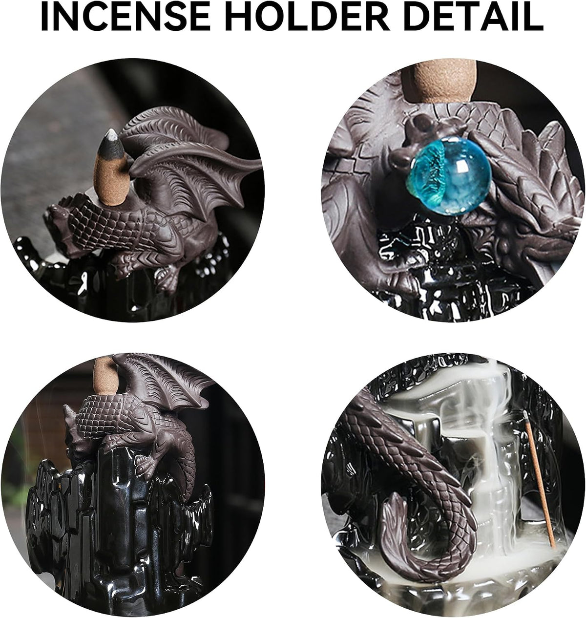 Ceramic Backflow Incense Holder Waterfall Burner, Dragon Design