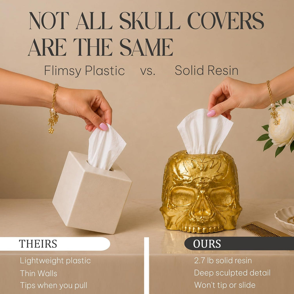 Gothic Skull Tissue Box Cover, Gold, Square by Death Decor