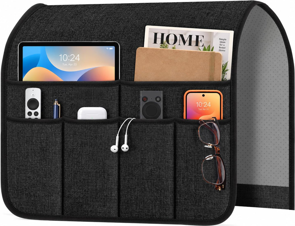 Armchair Caddy & Remote Control Holder for Couch & Recliner | Non-Slip Armrest Organizer with 6 Pockets for TV Remote, Phone, Tablet, Magazine & More, 19 x 35 Inches, Black