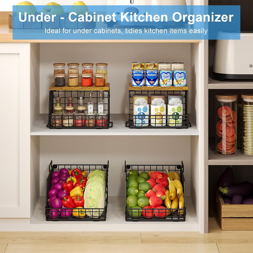 Potato and Onion Storage Bin with Wooden Top, 2-Tier Stackable Wire Basket