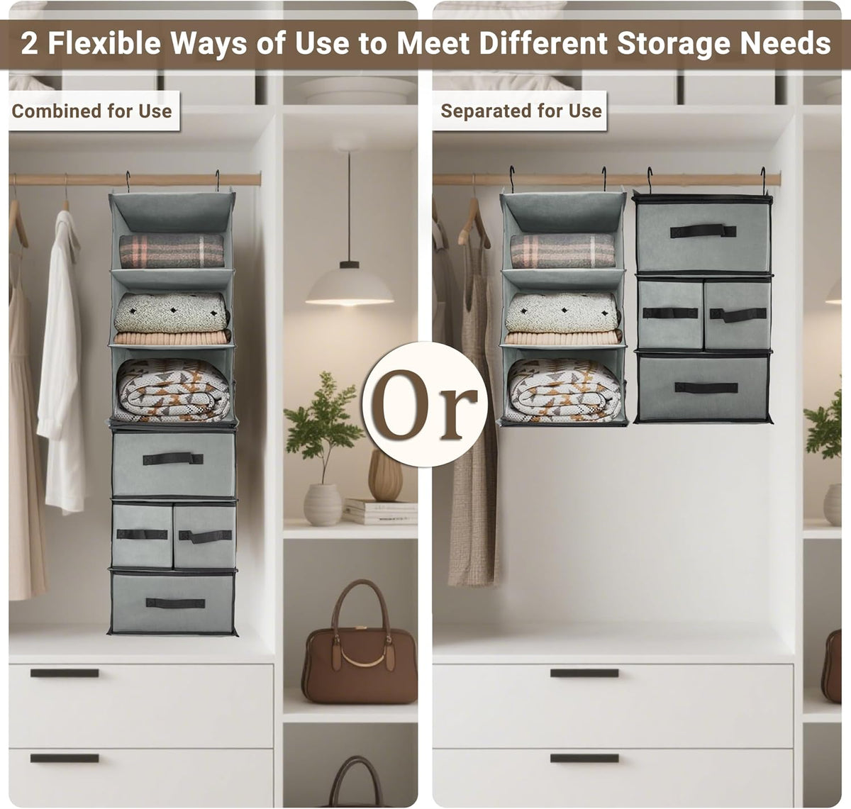 2-in-1 Durable 6-Tier Hanging Shelves Closet Organizer with 4 Removable Drawers,2 Separable 3-Shelf Hanging Clothes Storage Organization Space-saving for Clothing Rack,Bedroom,Bathroom,Guestroom,Dorm