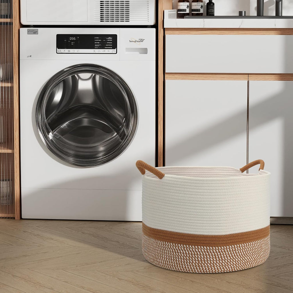 Large Blanket Basket (20"x13"),Woven for Storage Dirty Clothes Basket for Laundry, Living Room, Nursery, Bedroom Rope Storage Basket for Blankets(White/Brown)