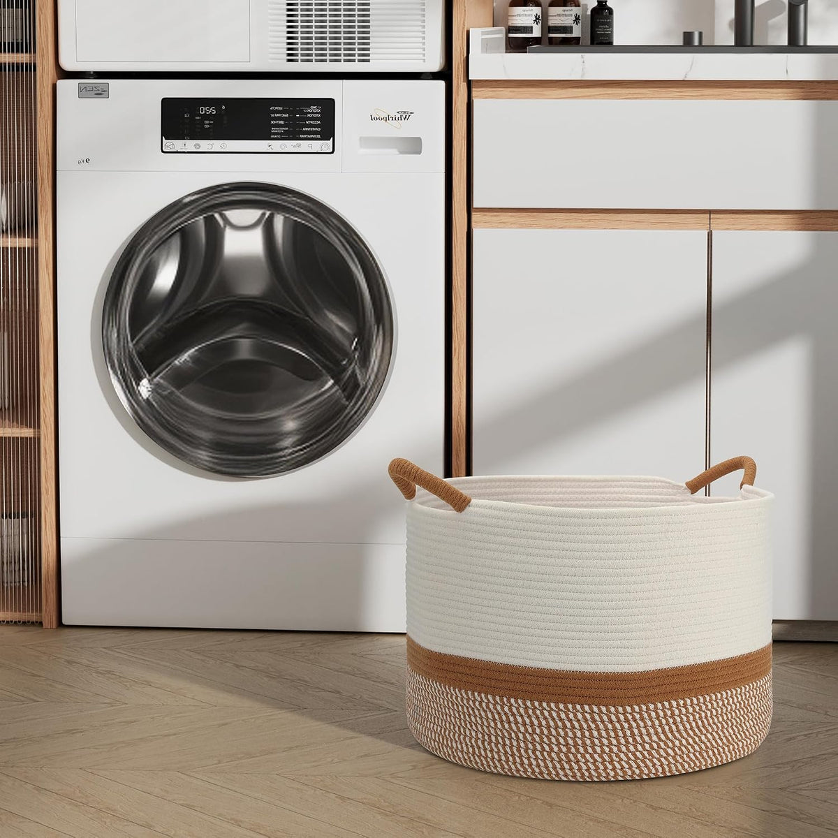 Large Blanket Basket (20"x13"),Woven for Storage Dirty Clothes Basket for Laundry, Living Room, Nursery, Bedroom Rope Storage Basket for Blankets(White/Brown)