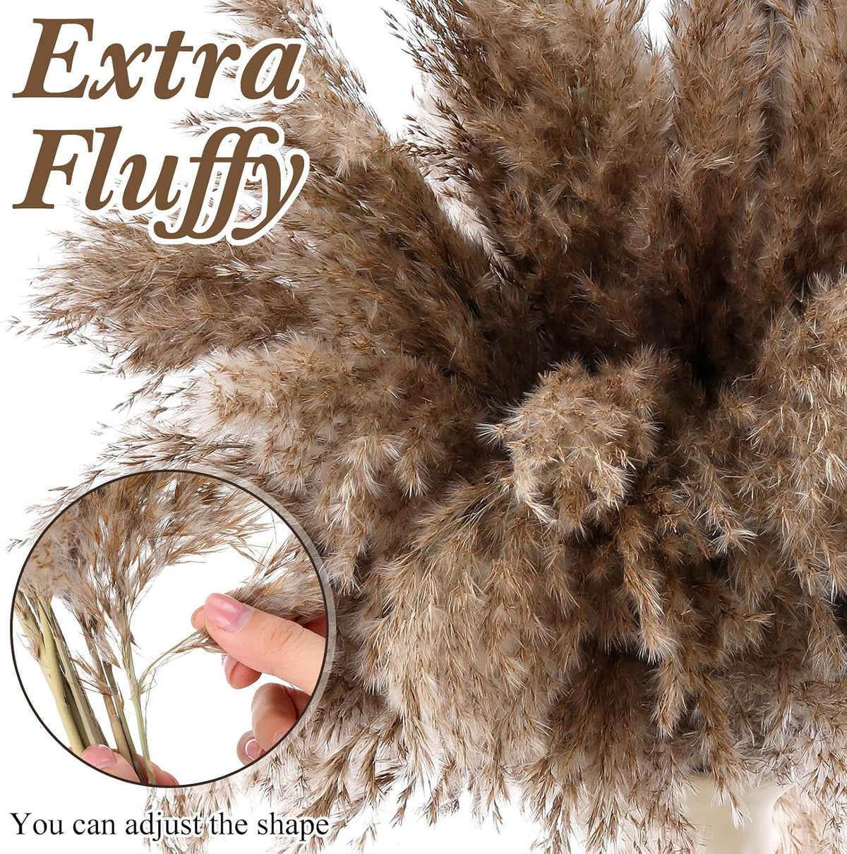 Janinka 300 Pcs Dried Fluffy Pampas Grass Bulk 17 Inch, Boho Decor, Brown