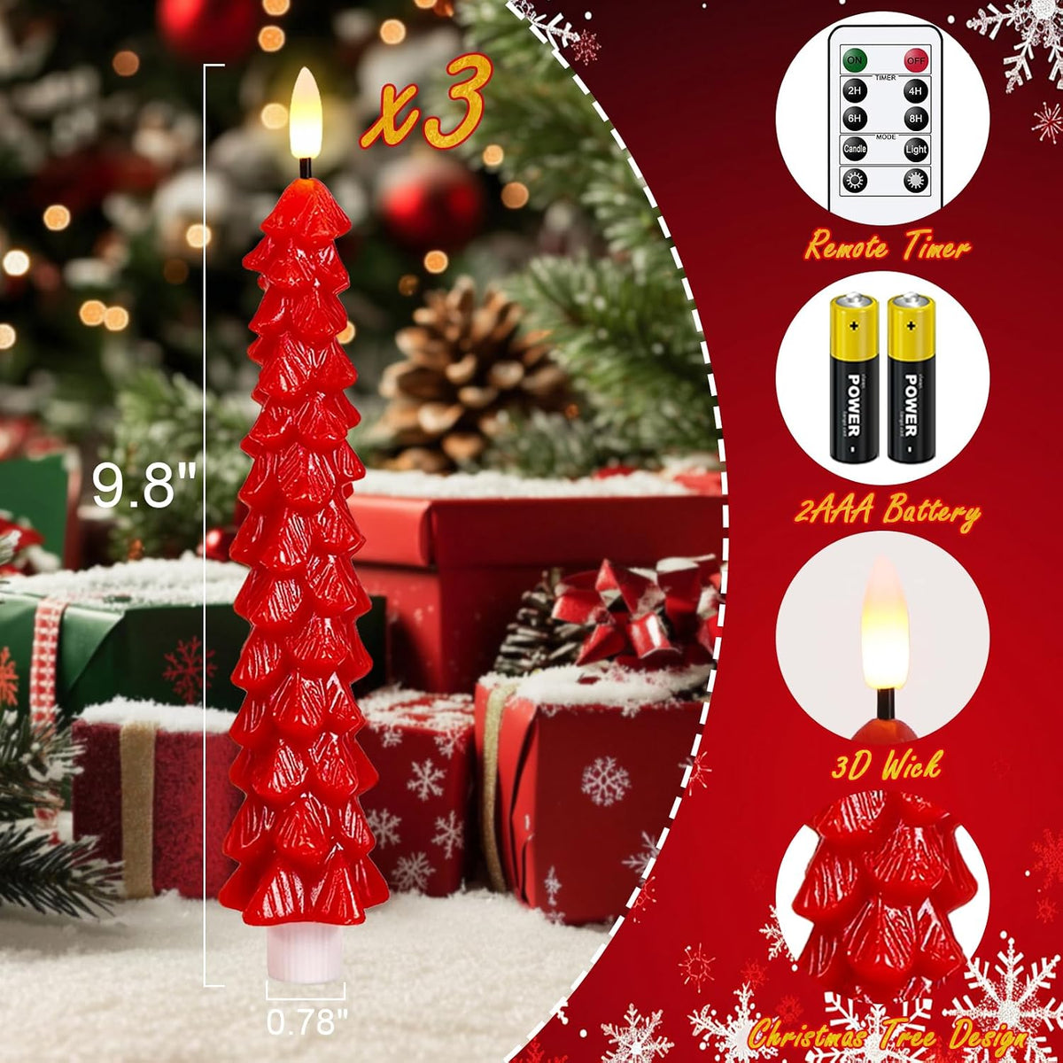 Red Christmas Tree Flameless Taper Candles Battery Operated Remote Timer