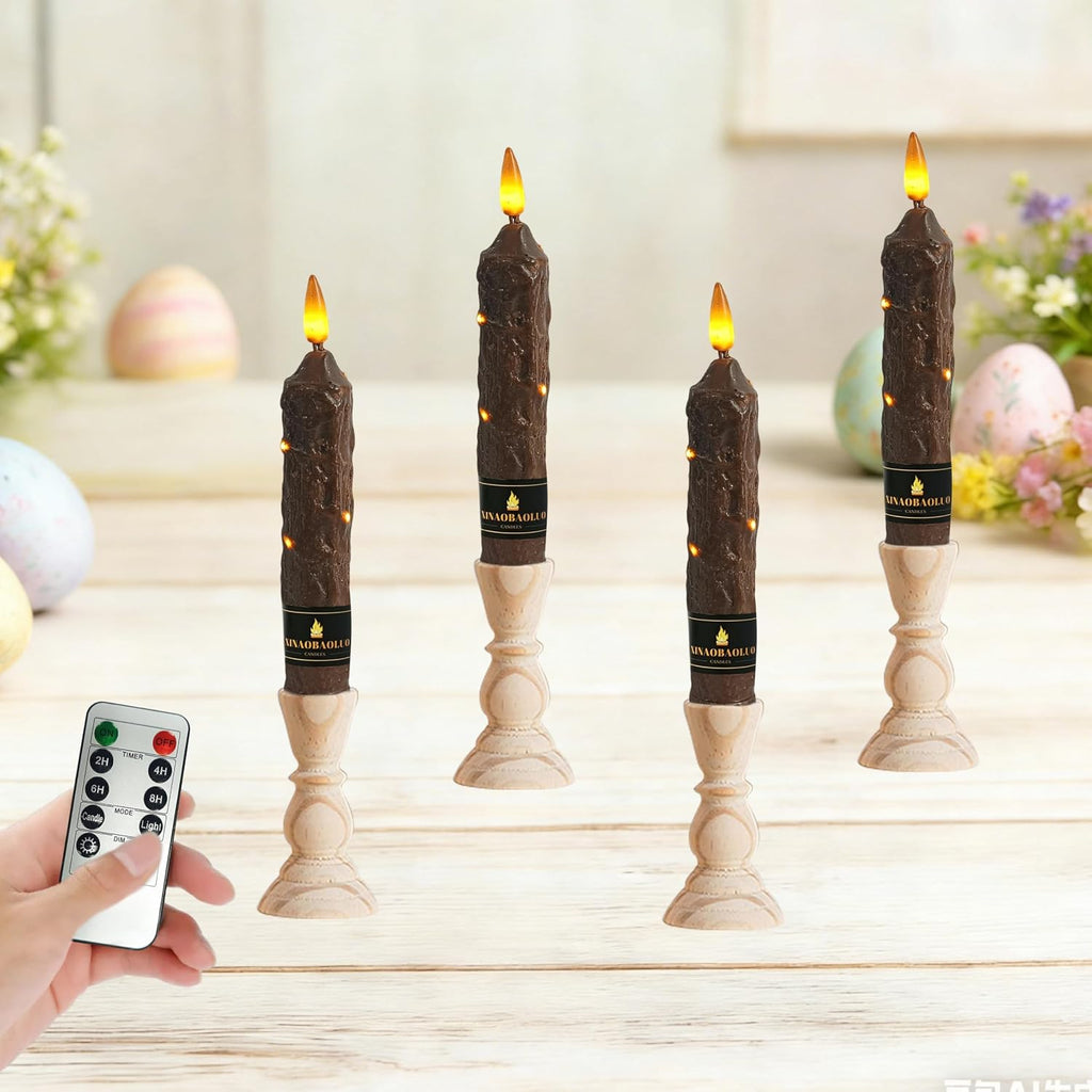 6.5 inch Flameless Brown Taper Candles Flickering with 10-Key Remote, Battery Operated Led Warm 3D Wick Light Window Candles Real Wax Pack of 4, Christmas Home Wedding Decor