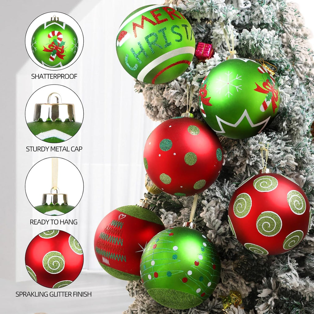 Lanpn 6Pcs 6" Large Outdoor Christmas Ornaments, Xmas Tree Elf Swirl Ball Decoration, Big Red Green Christmas Ornament, Giant Glittering String Ball Plastic Hanging Decor for Lawn Yard Holiday Party