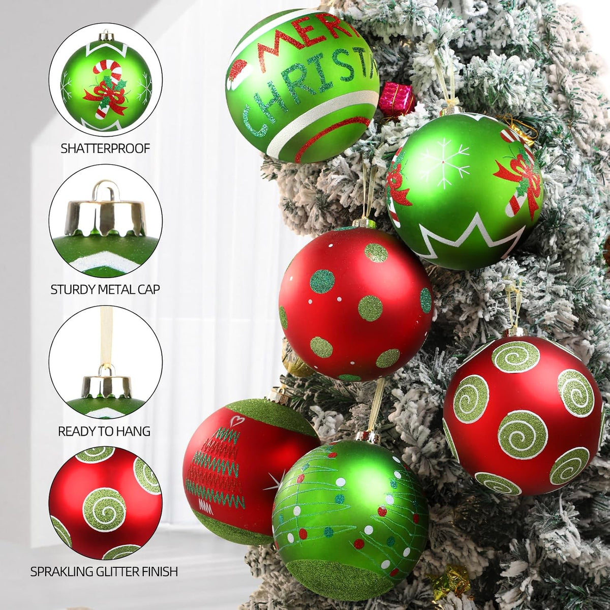 Lanpn 6Pcs 6" Large Outdoor Christmas Ornaments, Xmas Tree Elf Swirl Ball Decoration, Big Red Green Christmas Ornament, Giant Glittering String Ball Plastic Hanging Decor for Lawn Yard Holiday Party