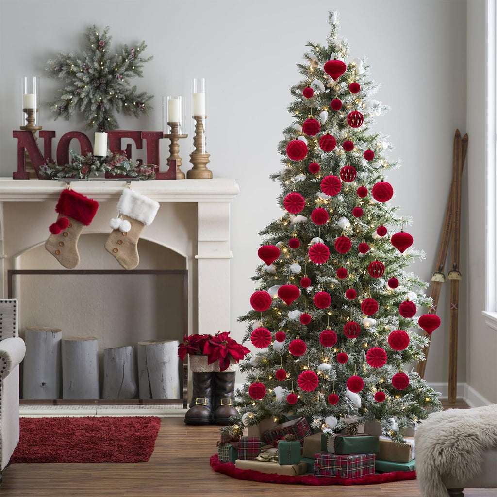 48PCS Velvet Christmas Ball Ornaments, Flocked Balls Xmas Tree Decorations, Shatterproof Christmas Hanging Ornaments Set, Assorted Styles in 1.57/2.36/3.15Inch, Velvet Burgundy