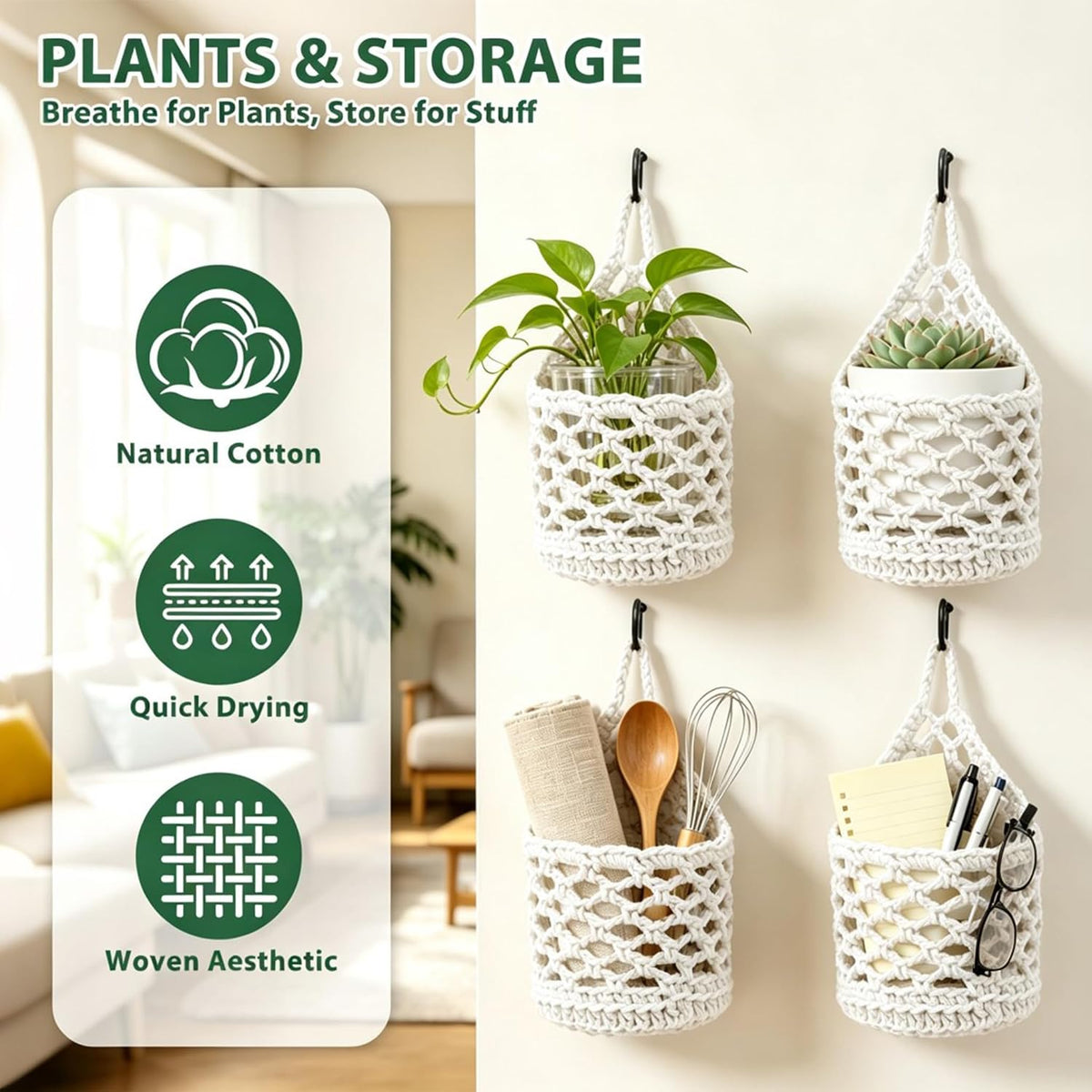 4-PCS 5 Inch Macrame Wall Plant Hangers, Small Wall Hanging Plant Holder for 4"–5" Pots, Natural Cotton Rope Hanger for Indoor Plants & Daily Storage, Boho Home Decor