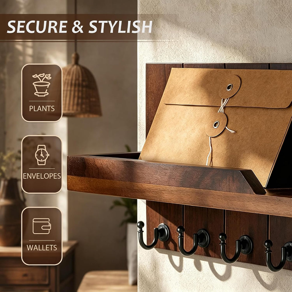 Rebee Vision Walnut Wood Key Holder Wall Mount, Mail Organizer, Walnut