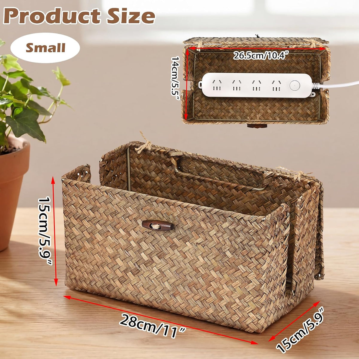 BTSKY Woven Cable Management Box with Lid, Seagrass Cord Organizer with 2 Open Slots for Power Strips & USB Hubs, Under Desk Cord Hider Box for Home Office, Pet Proofing Wire Basket, Small