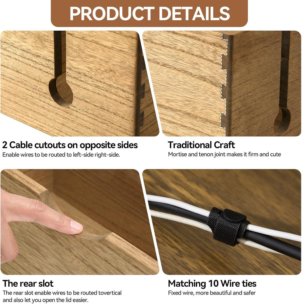 KIRIGEN Wooden Cable Management Box Set of 2, Cord Organizer, Brown