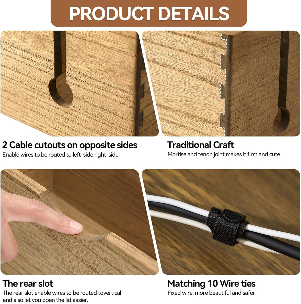 KIRIGEN Wooden Cable Management Box Set of 2, Cord Organizer, Brown