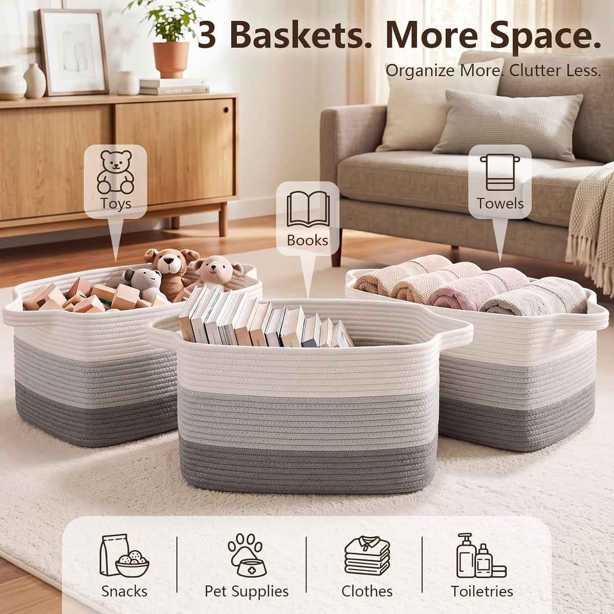 OIASKET Storage Basket for Organizing 3 Pack, Woven Baskets for Storage