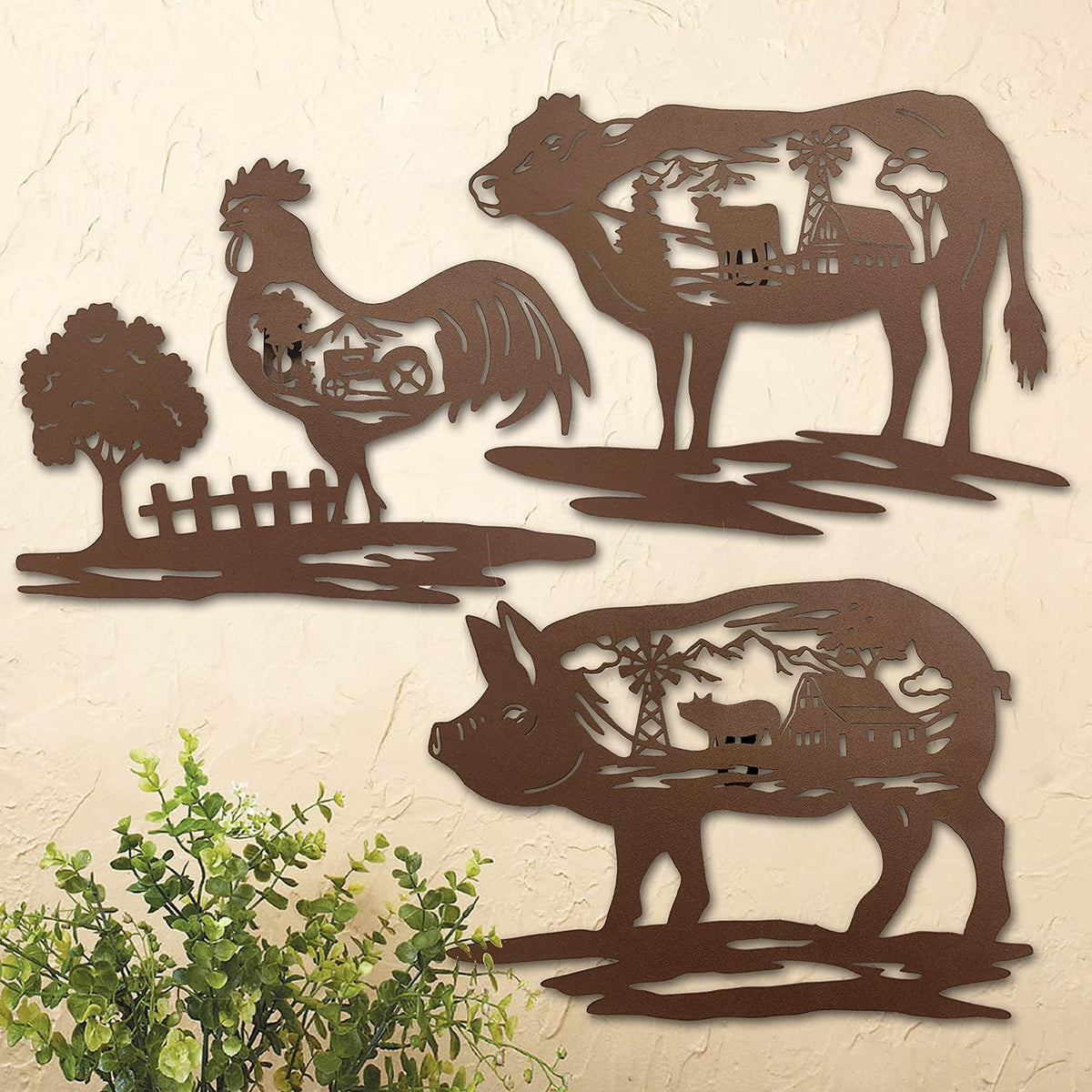 Farm Wall Decor Farmhouse Metal Wall Art Pig Cow Rooster, 9 Inch set of 3