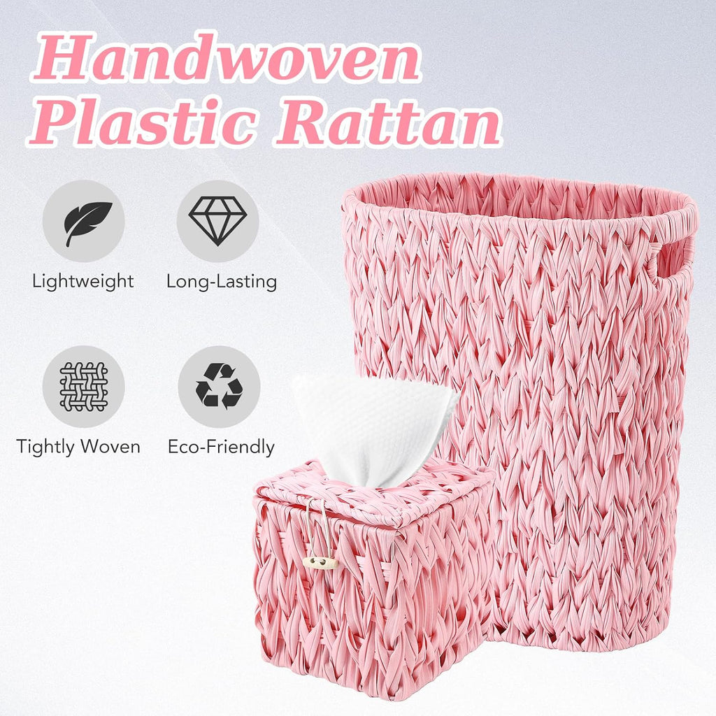 BSSN Wicker Trash Can and Square Tissue Box Cover, 4 Gallon Water Hyacinth Bathroom Trash Can, Handwoven Napkin Holder, Narrow Small Waste Basket, Rustic Decorative Home Set for Bedroom,Office (Pink)