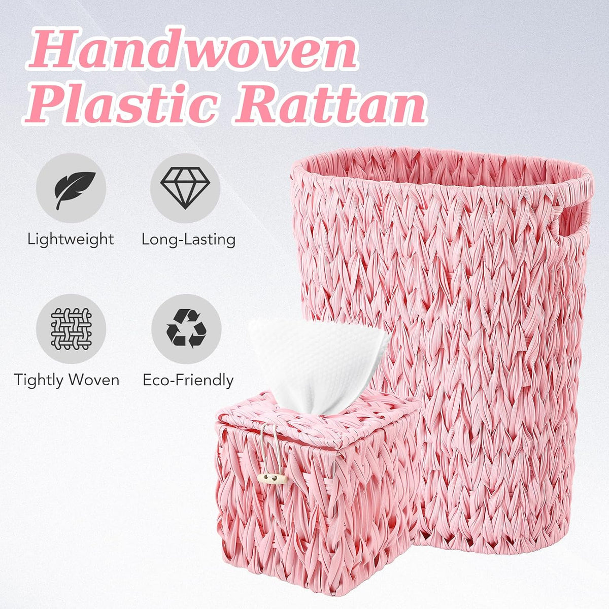 BSSN Wicker Trash Can and Square Tissue Box Cover, 4 Gallon Water Hyacinth Bathroom Trash Can, Handwoven Napkin Holder, Narrow Small Waste Basket, Rustic Decorative Home Set for Bedroom,Office (Pink)