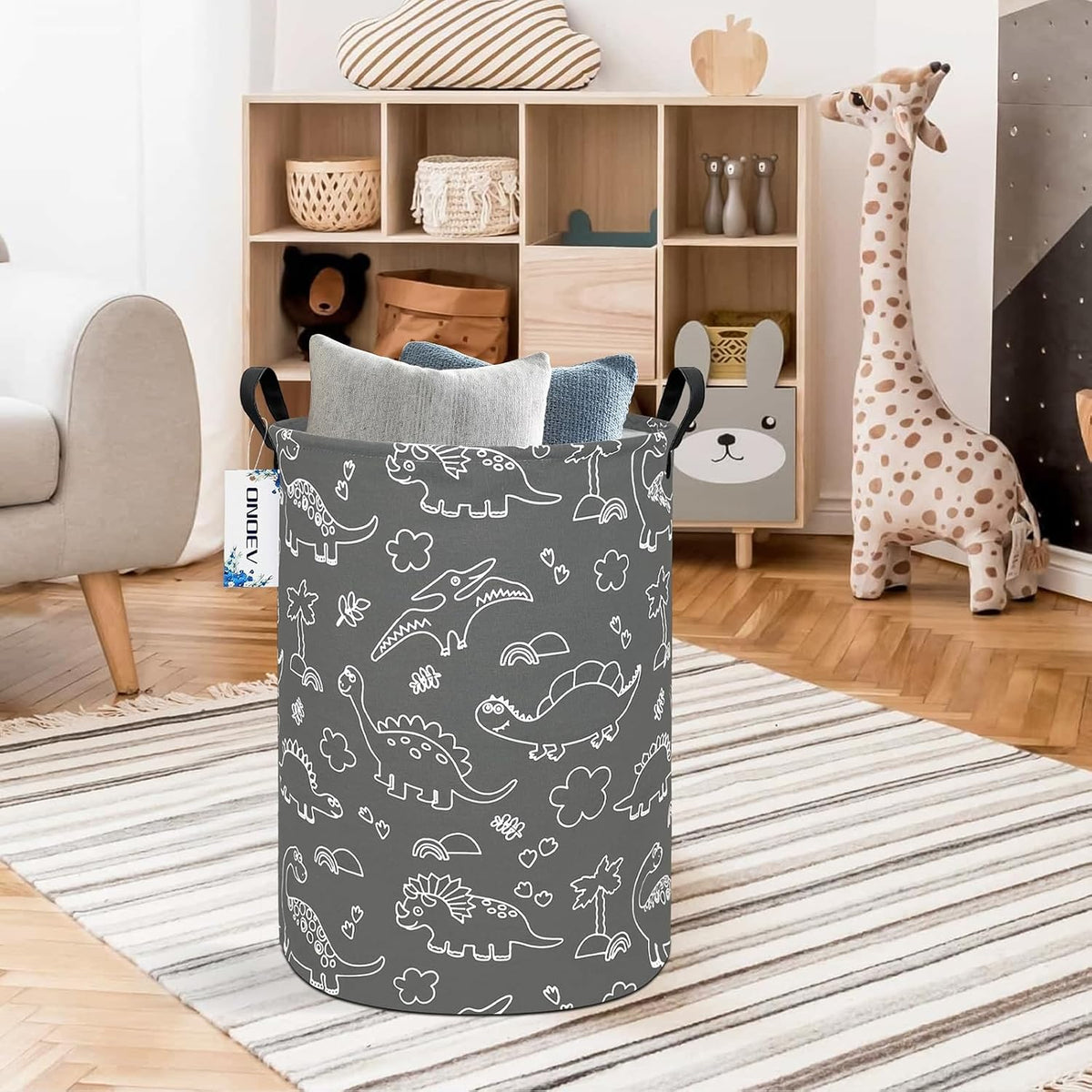Round Dinosaur Laundry Hamper, Cotton Canvas Teen Room Storage Bin