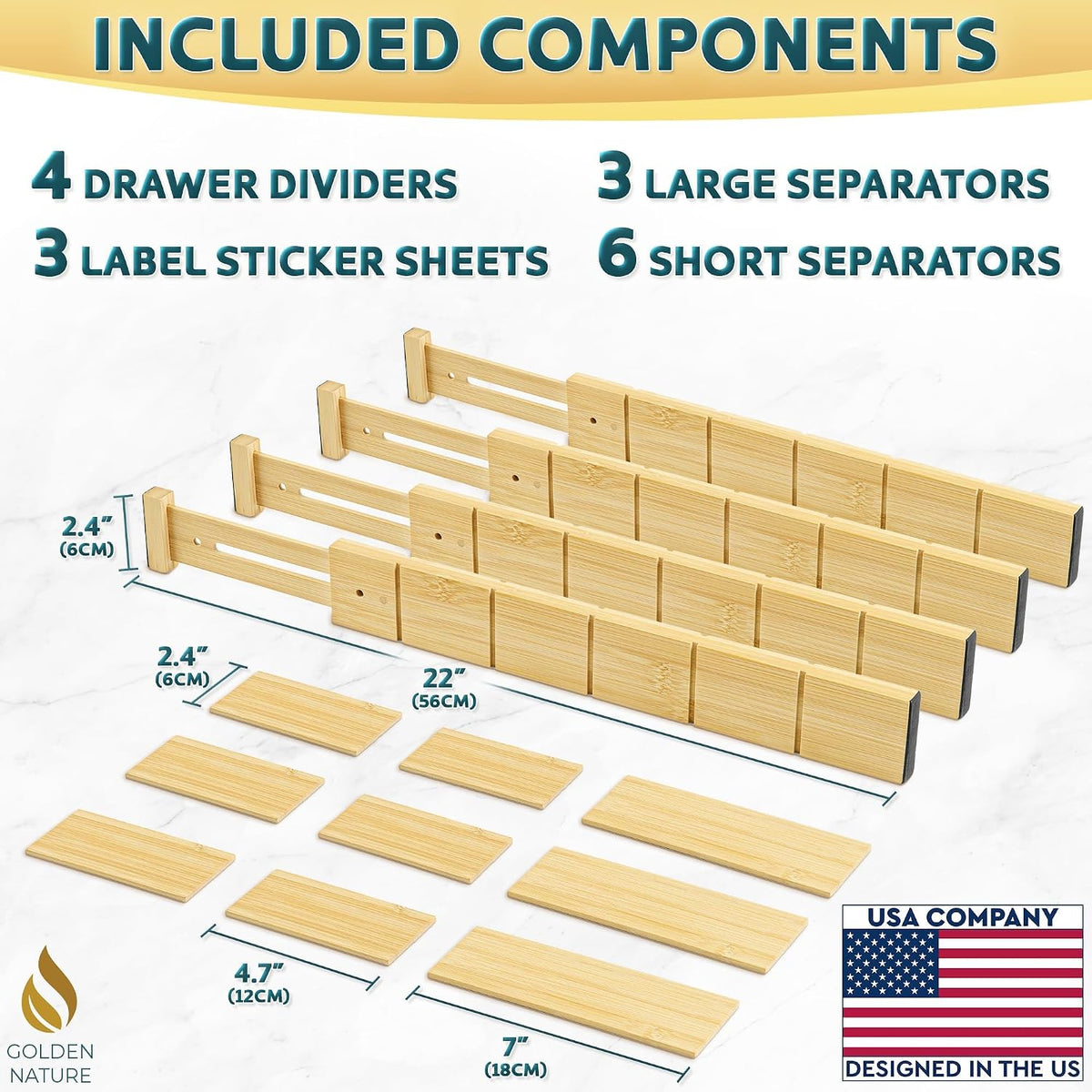 Bamboo Drawer Organizer with Inserts & Labels, 17-22", Kitchen Dividers