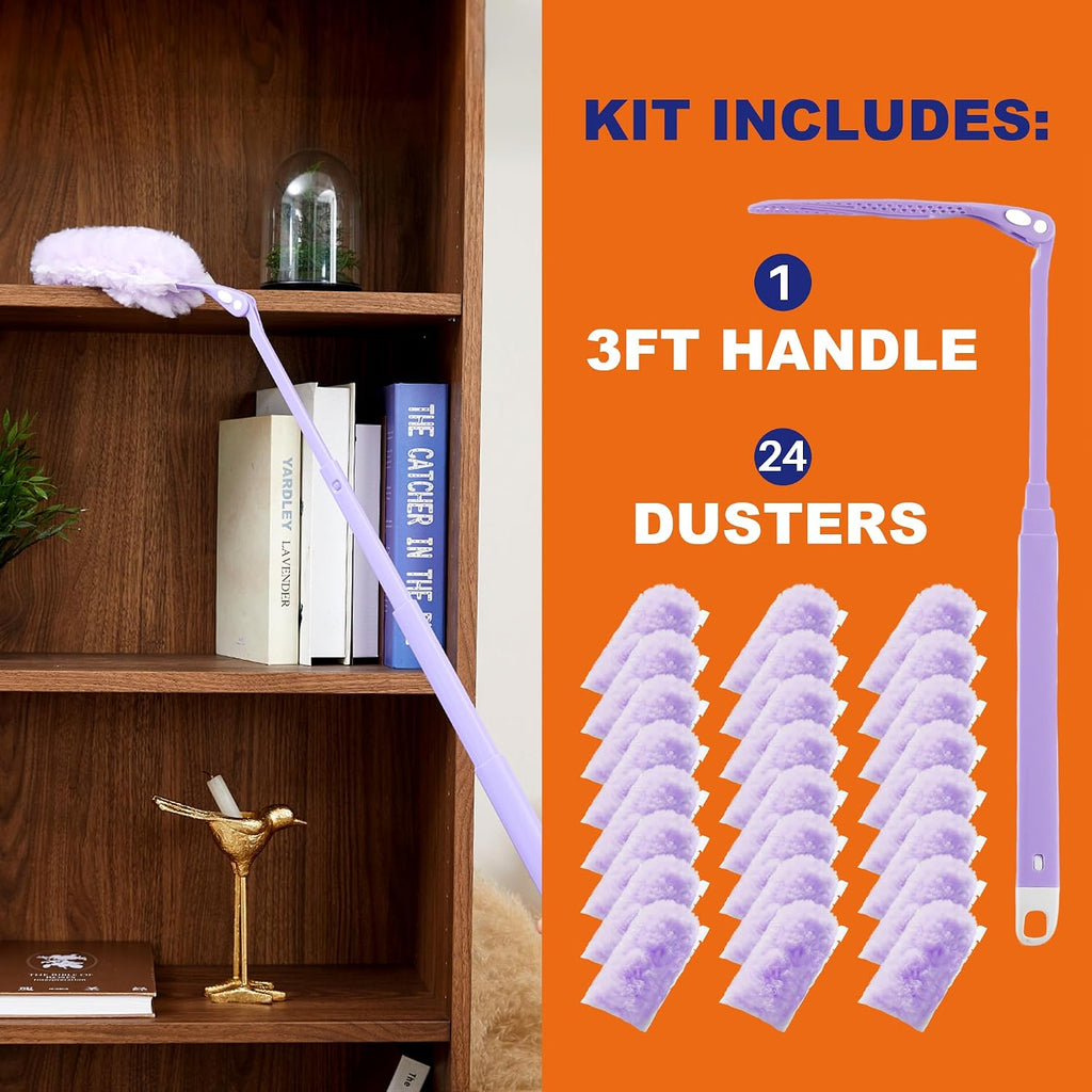 JOYMOOP Scented Telescopic Duster kit, 3FT Extendable Handle (Purple) + 24 Purple Refills for Swiffer Feather Duster,Easy Cleaning for Ceilings, Ceiling Fans, Blinds, Vents & Shelves