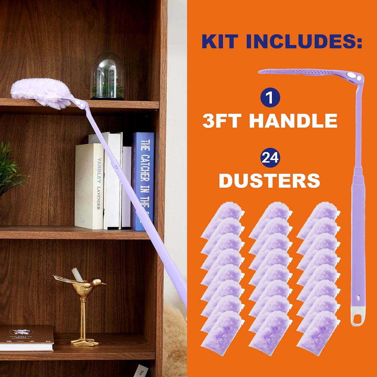JOYMOOP Scented Telescopic Duster kit, 3FT Extendable Handle (Purple) + 24 Purple Refills for Swiffer Feather Duster,Easy Cleaning for Ceilings, Ceiling Fans, Blinds, Vents & Shelves