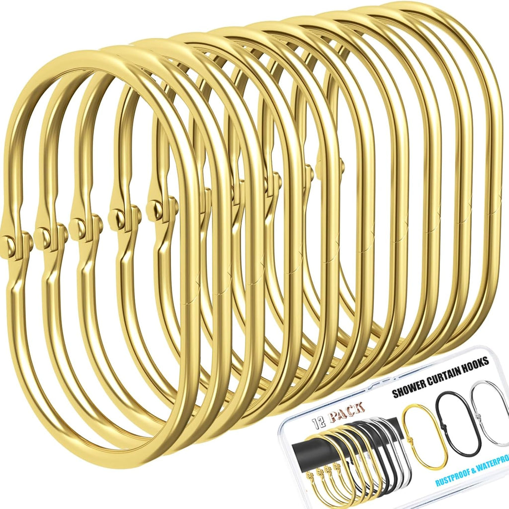 12 Pack Gold Shower Curtain Hooks,Gold Shower Curtain Rings,Brushed Nickel Shower Curtain Hooks Rust Proof, Metal Rust Proof Anti-Drop Smooth Shower Hooks for Shower Curtain (gold-12pack)