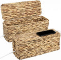 2 Pack Handwoven Cable Management Box with Lid, Decorative Cord Organizer for Power Strips, Chargers, TV Wires, Desk, Home & Office Storage, Natural Water Hyacinth