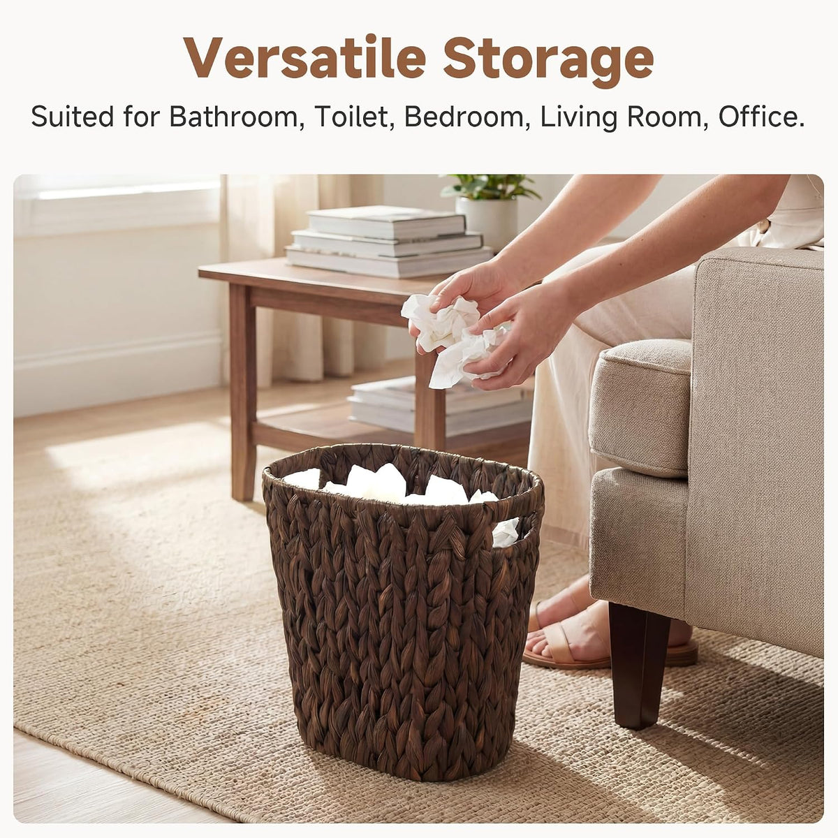 StorageWorks Wicker Trash Can, Wicker Waste Basket for Bathroom, Brown