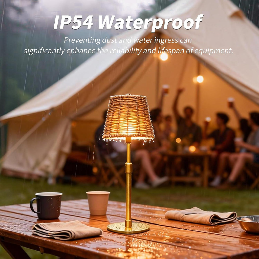 Mr.White Outdoor Waterproof Rechargeable Cordless Table Lamp with Wicker Shade, 5200mAh Battery Operated Table Light with Telescopic Pole, for Patio Restaurant Kitchen (Gold)