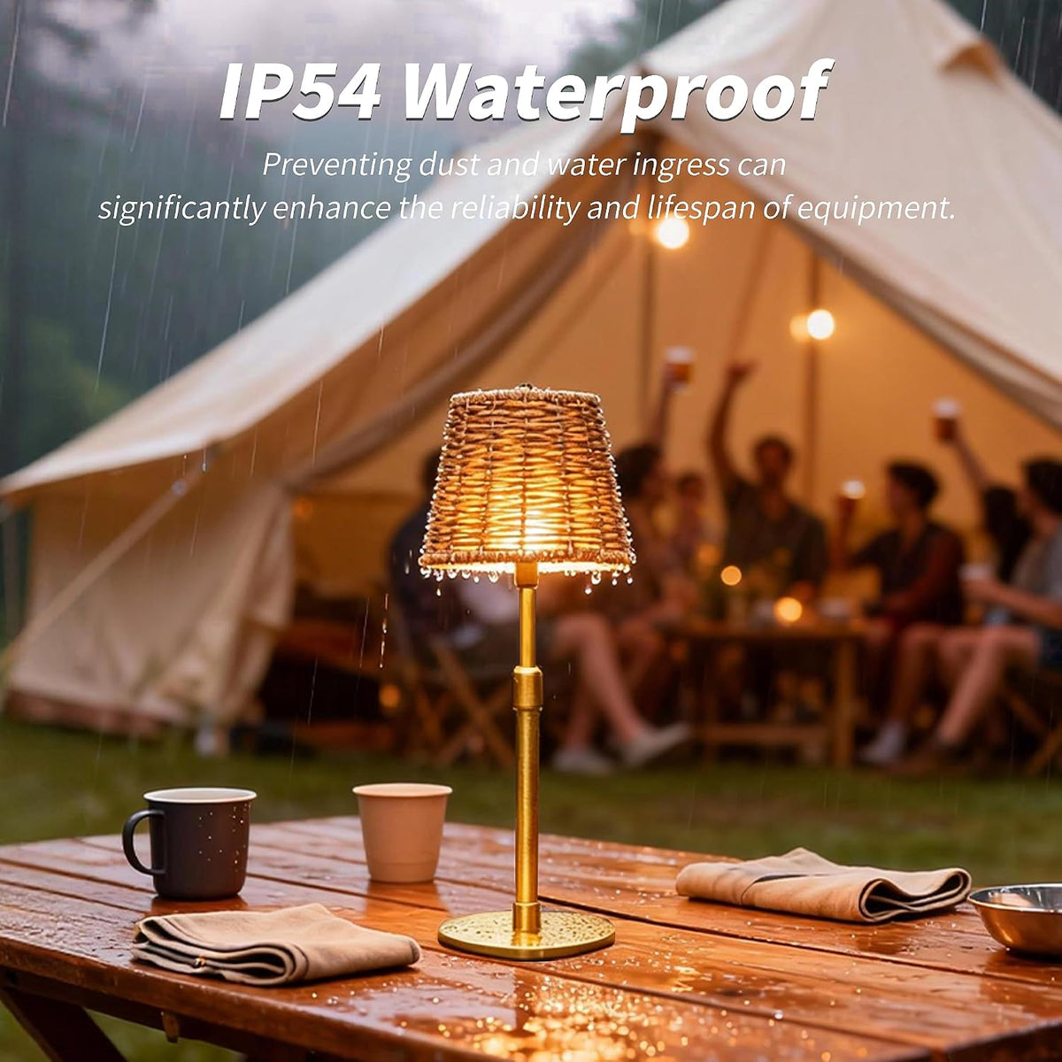 Mr.White Outdoor Waterproof Rechargeable Cordless Table Lamp with Wicker Shade, 5200mAh Battery Operated Table Light with Telescopic Pole, for Patio Restaurant Kitchen (Gold)