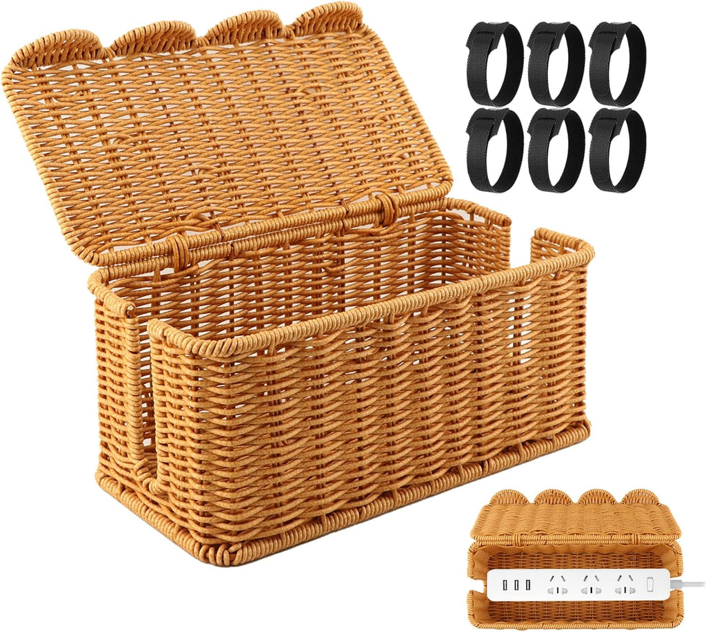 Cable Management Box, Handmade Scalloped Rattan Cable Organizer